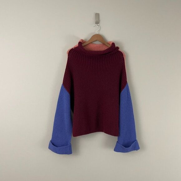 Free People Park City Chunky Knit Colorblock Turtleneck Sweater Size Small - Picture 1 of 6